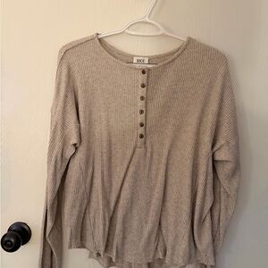 BKE Women's Beige Ribbed Long Sleeve Henley